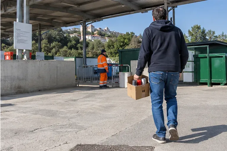 Una persona porta una scatola con bombolette spray verso un centro di raccolta attrezzato, dove è presente un addetto in abbigliamento ad alta visibilità
