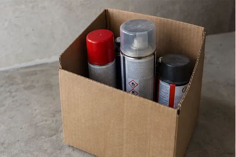 Tre bombolette spray con etichette di pericolo sistemate in posizione verticale dentro una scatola di cartone per il trasporto verso un centro di raccolta