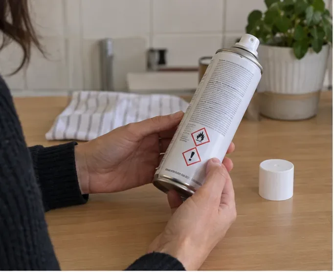 Persona che controlla l'etichetta e i pittogrammi di pericolo su una bomboletta spray prima dello smaltimento
