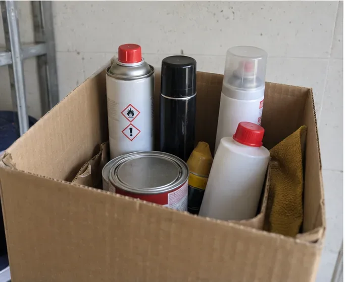 Scatola con bombolette spray e altri contenitori domestici con pittogrammi di pericolo separati per il trasporto alla stazione ecologica