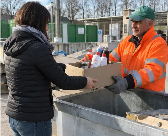 Cittadina che consegna una scatola di contenitori domestici a un operatore presso una stazione ecologica