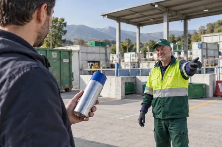 Un cittadino consegna una bomboletta spray integra a un addetto in un centro comunale di raccolta pulito e organizzato.