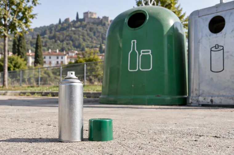 Una bomboletta spray metallica apparentemente vuota con il cappuccio separato, davanti a un contenitore verde per vetro e metalli.
