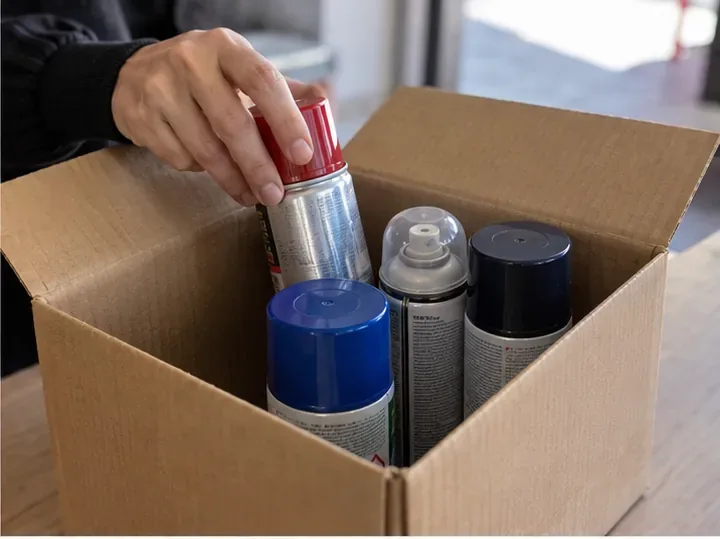 Bombolette spray domestiche sistemate verticalmente in una scatola di cartone per il trasporto