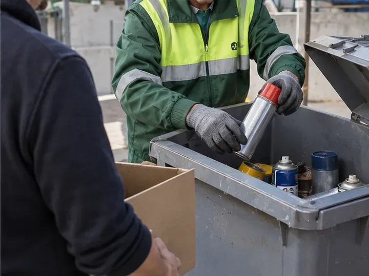 Operatore di un centro di raccolta che riceve una bomboletta spray e la colloca nel contenitore dedicato