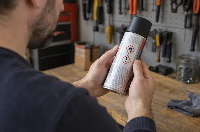 Una persona esamina i pittogrammi di pericolo su una bomboletta spray integra