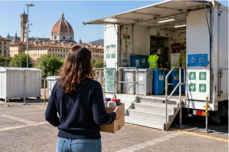 Una persona porta una scatola con bombolette spray verso un punto mobile di raccolta rifiuti in un contesto urbano fiorentino