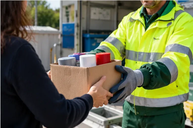 Operatore con abbigliamento ad alta visibilità riceve una scatola contenente bombolette spray presso un punto di raccolta
