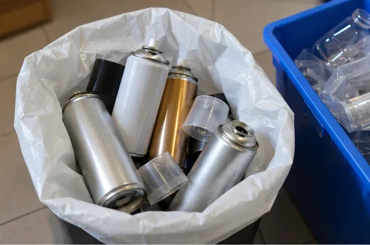 Diverse bombolette spray metalliche esaurite raccolte separatamente insieme ai rispettivi tappi