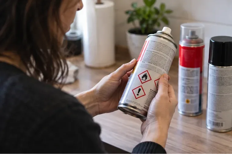 Una persona controlla l'etichetta e i pittogrammi di pericolo su una bomboletta spray prima dello smaltimento