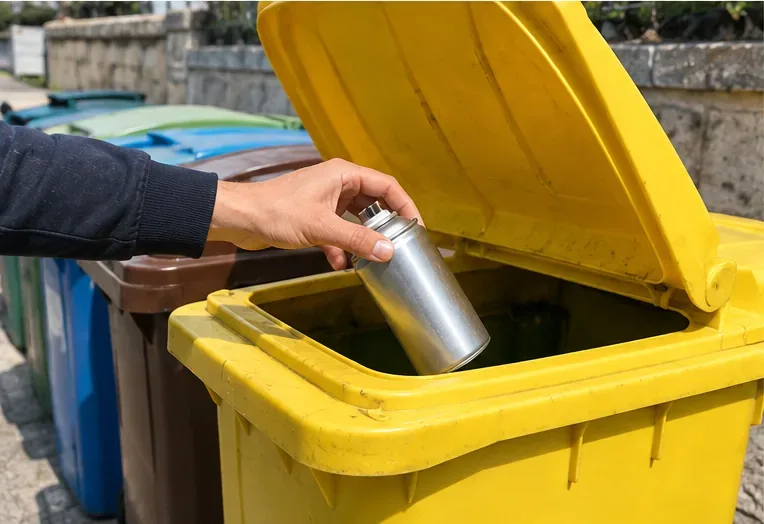 Una mano inserisce una bomboletta spray metallica vuota in un contenitore giallo per la raccolta differenziata