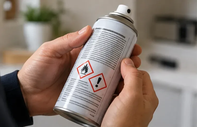 Mani che controllano l'etichetta di una bomboletta spray con pittogrammi di pericolo