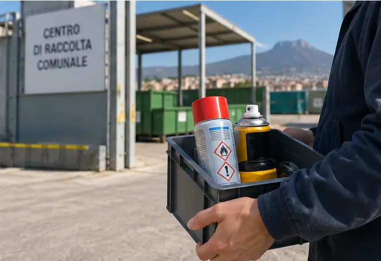 Persona che porta diverse bombolette spray in un contenitore verso un centro comunale di raccolta