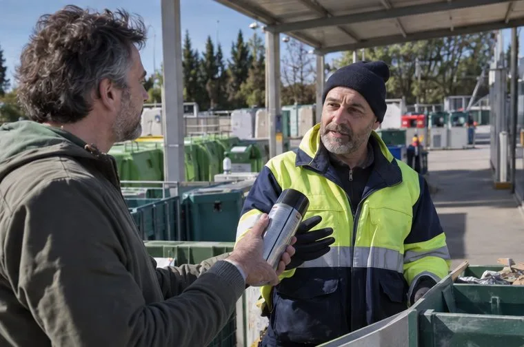 Un residente mostra una bomboletta spray integra a un addetto di una stazione ecologica