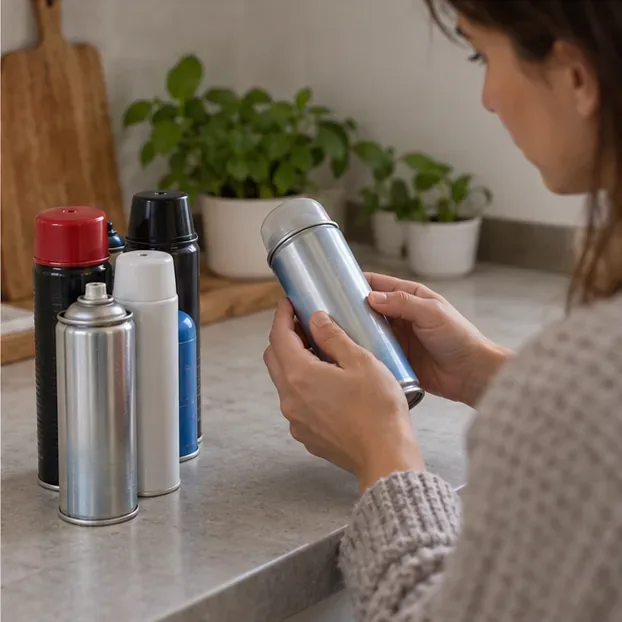 Una persona ricontrolla l’etichetta di una bomboletta spray integra accanto ad altri contenitori aerosol separati sul piano di lavoro.