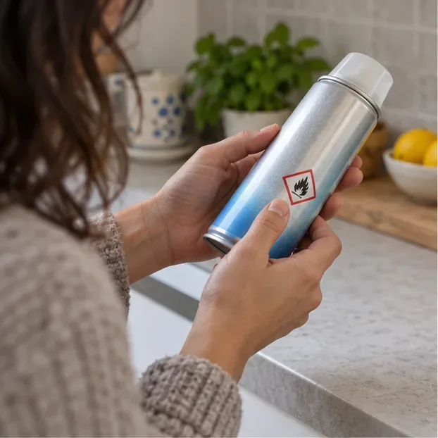 Una persona controlla il pittogramma a fiamma stampato su una bomboletta spray di alluminio prima di scegliere come smaltirla.