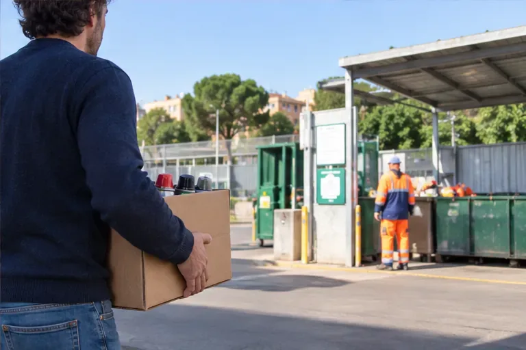 Una persona porta una scatola con bombolette spray a un centro di raccolta comunale presidiato