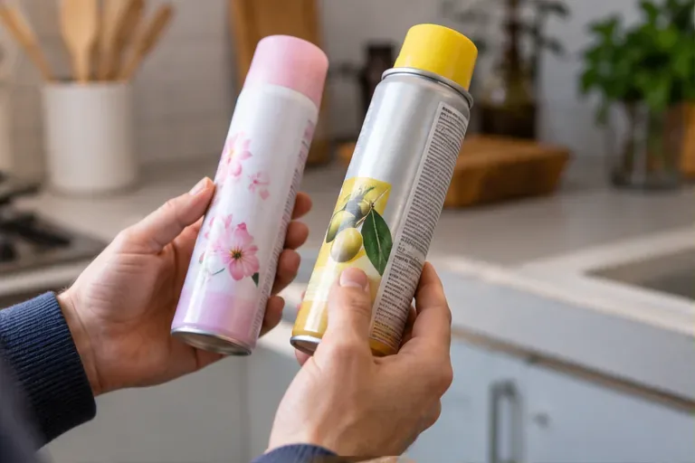 Due bombolette spray domestiche tenute in mano mentre si controllano tipo di prodotto ed etichetta