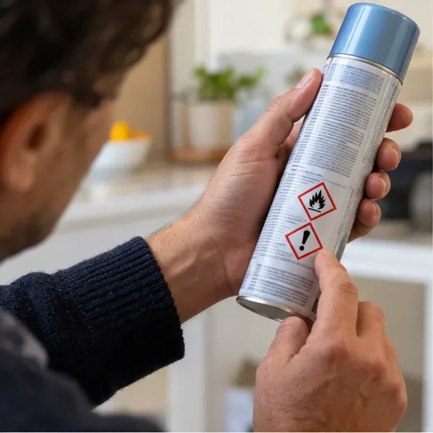 Una persona controlla l’etichetta e i simboli di pericolo su una bomboletta spray integra