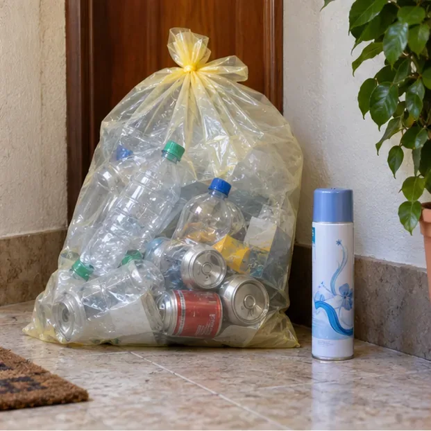 Un sacco semitrasparente con imballaggi puliti accanto a una bomboletta spray integra