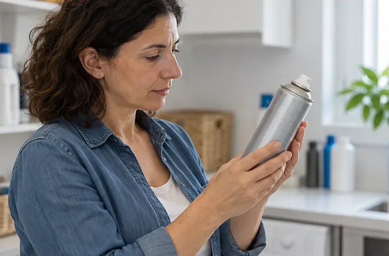 Una persona legge l’etichetta di una bomboletta spray integra tenendola in verticale su un piano domestico.