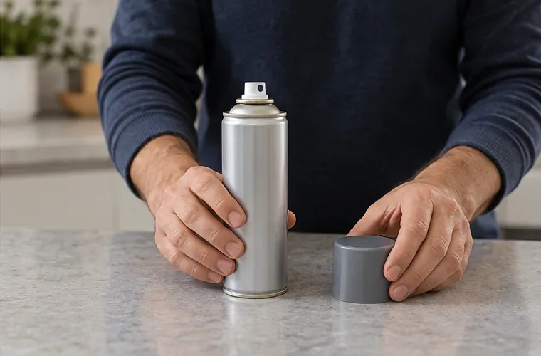 Una bomboletta spray integra e il suo cappuccio di plastica appoggiato separatamente su un piano pulito, con l’erogatore ancora montato.