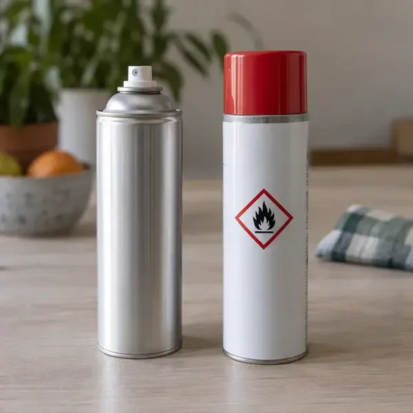 Due bombolette spray integre separate: una senza pittogrammi di pericolo e una con il simbolo della fiamma.