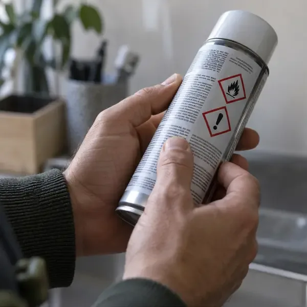 Una persona controlla le etichette di pericolo su una bomboletta spray prima dello smaltimento.