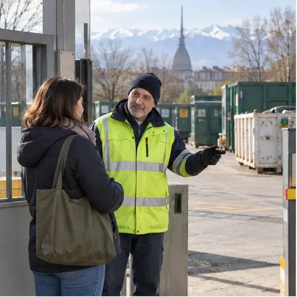 Una cittadina parla con un operatore del centro di raccolta all’ingresso.