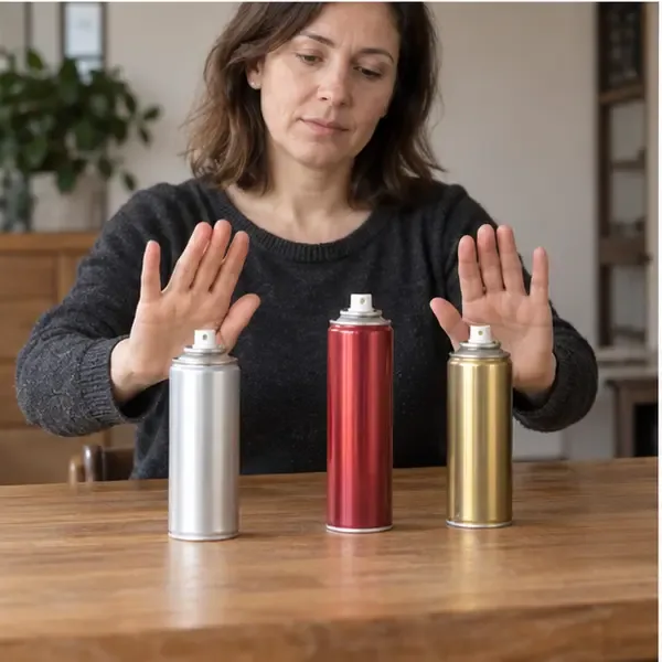 Una persona tiene le mani lontane da tre bombolette spray integre, senza usare attrezzi per forarle o schiacciarle.