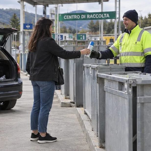 Una residente consegna una bomboletta integra a un addetto presso un Centro di Raccolta.