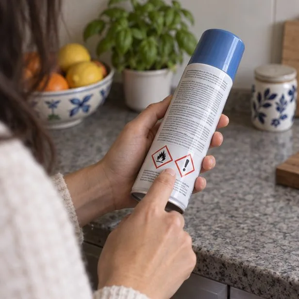 Una persona controlla l’etichetta e i pittogrammi di pericolo su una bomboletta aerosol integra.