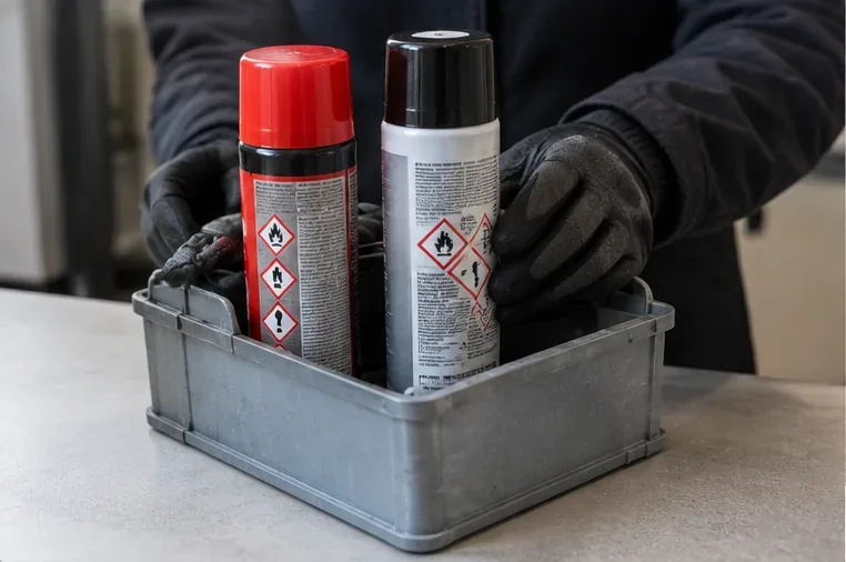 Due bombolette spray con pittogrammi di pericolo tenute insieme in un contenitore rigido prima del conferimento