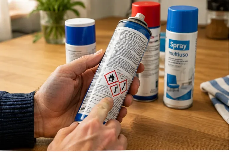 Una persona controlla i pittogrammi di pericolo sull'etichetta di una bomboletta spray