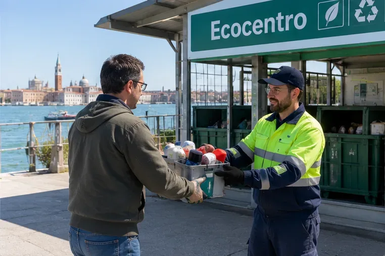 Un cittadino consegna un contenitore con bombolette spray a un addetto di un Ecocentro