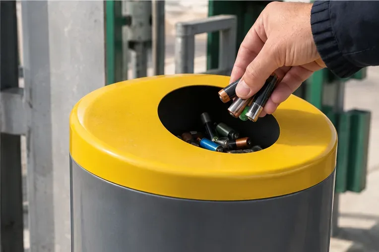 Mano che conferisce pile cilindriche in un contenitore dedicato alla raccolta delle batterie