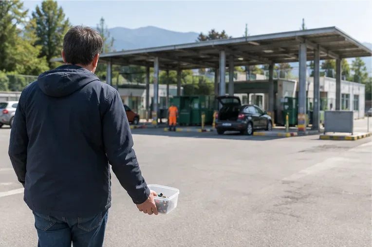 Persona che arriva a un centro di raccolta con un piccolo contenitore di pile usate