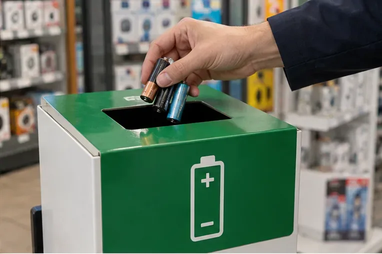 Una mano introduce tre pile usate in un contenitore verde per la raccolta di batterie all’interno di un negozio