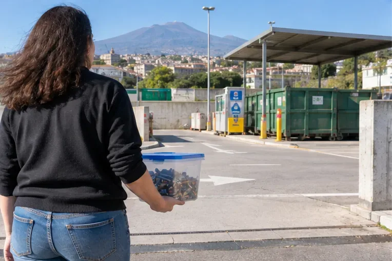 Una persona porta un contenitore di pile usate verso un centro di raccolta con cassoni per rifiuti differenziati