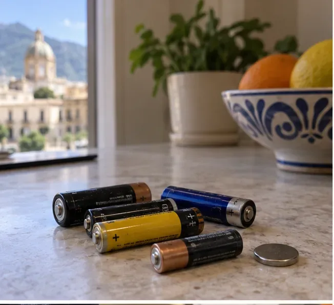 Pile AA, AAA e una batteria a bottone raccolte su un piano di cucina prima del conferimento