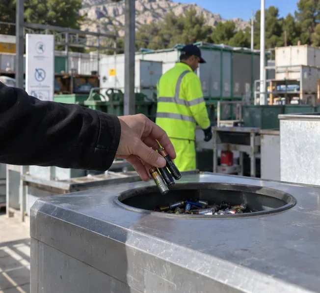 Pile esauste vengono depositate in un contenitore di raccolta presso un centro attrezzato