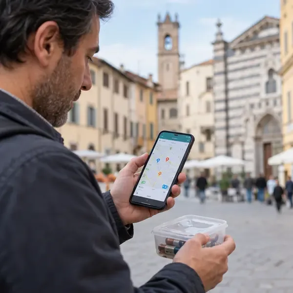 Un uomo consulta una mappa sul telefono mentre tiene un piccolo contenitore di pile usate in una piazza italiana.