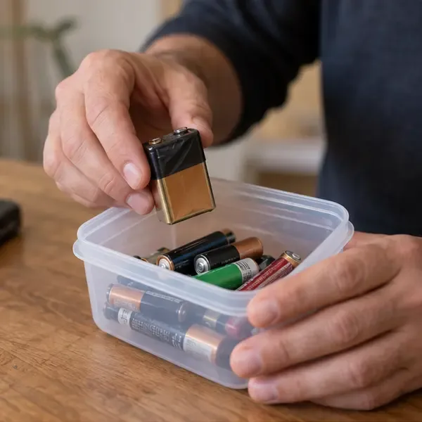 Una mano ripone una pila rettangolare da 9 volt in un contenitore insieme ad altre pile domestiche.