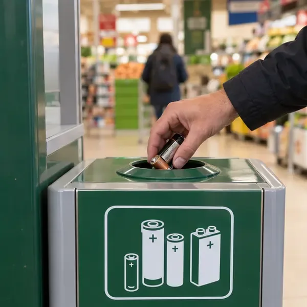 Una mano deposita una pila usata in un contenitore dedicato alla raccolta delle batterie in un negozio.