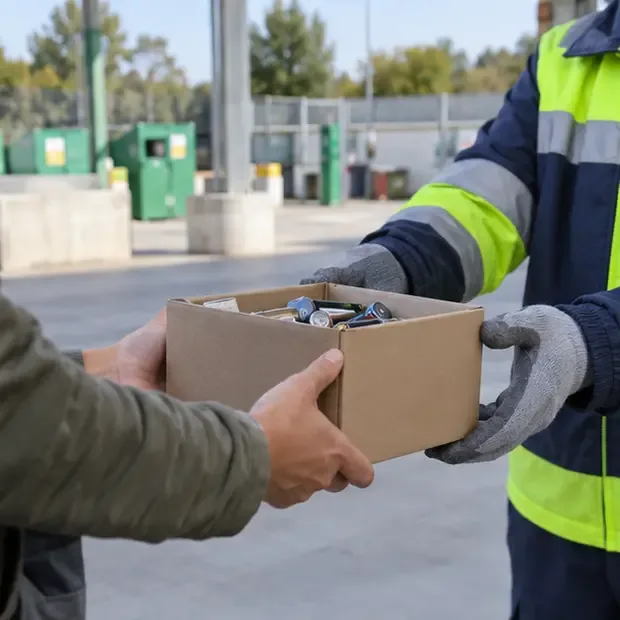 Una persona consegna una scatola di pile esauste a un operatore in un centro di raccolta comunale