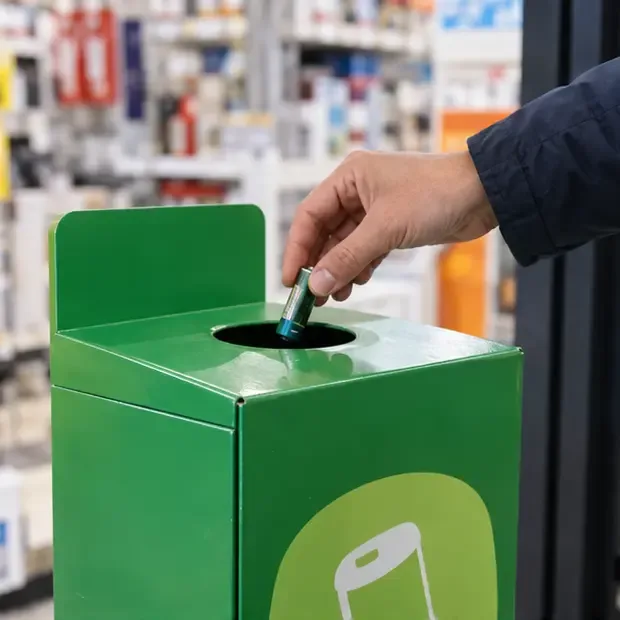 Una mano inserisce una piccola pila esausta in un contenitore verde dedicato all’interno di un negozio