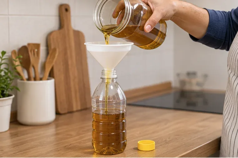 Olio alimentare usato versato con un imbuto in una bottiglia di plastica richiudibile