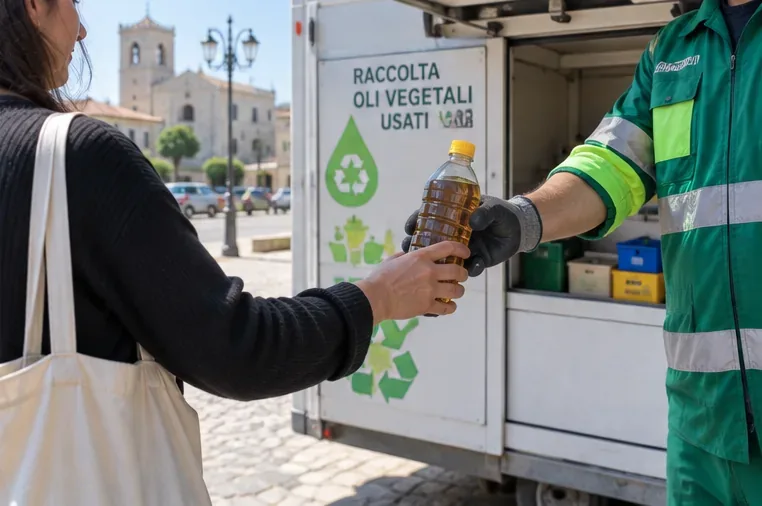Cittadina che consegna una bottiglia chiusa di olio vegetale usato a un addetto di un centro mobile di raccolta