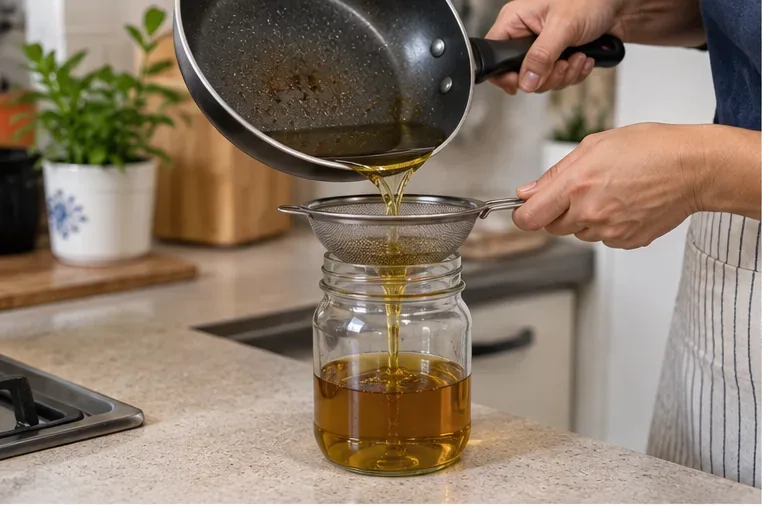 Olio da frittura raffreddato che viene filtrato con un colino e raccolto in un barattolo