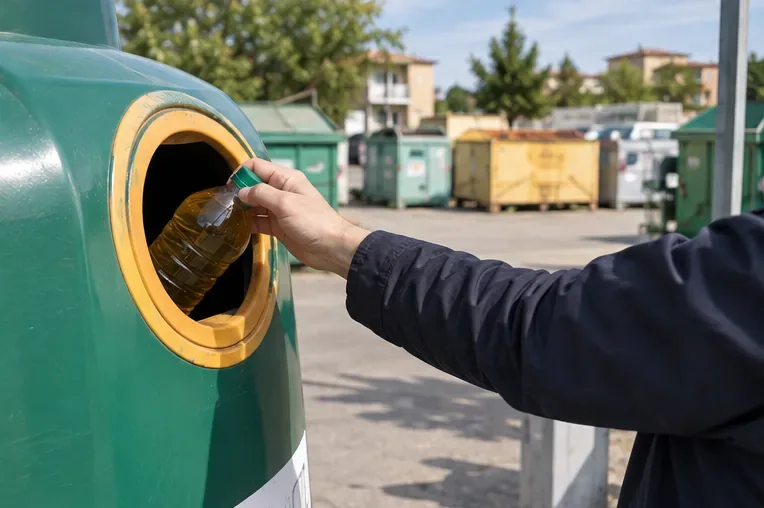 Bottiglia chiusa con olio alimentare usato inserita in un contenitore dedicato alla raccolta